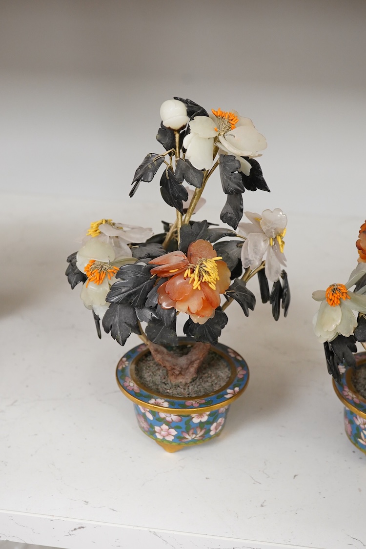 A pair of Chinese cloisonné hardstone trees, 21cm high